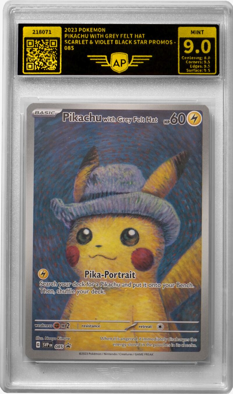 Von AP Grading gegradete Pokémon-Sammelkarte ‚Pikachu with Grey Felt Hat‘ im versiegelten AP-Slab – Note MINT 9