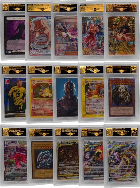 Raster aus 15 von AP Grading gegradeten Slabs – Pokémon (u. a. Glurak/Charizard), One Piece, Yu-Gi-Oh! und Sportkarten mit Noten von 9.0 bis 9.5