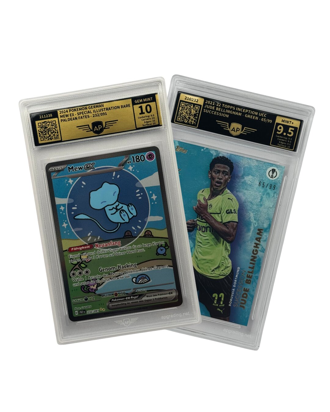 AP-Slabs: eine gegradete Pokémon-Karte (Note 10) und eine Sportkarte (Note 9.5)