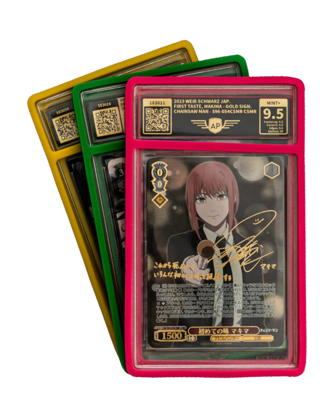 Drei AP-Slabs in farbigen Rahmen – u. a. Chainsaw Man, MINT+ 9.5 mit Gold-Signatur