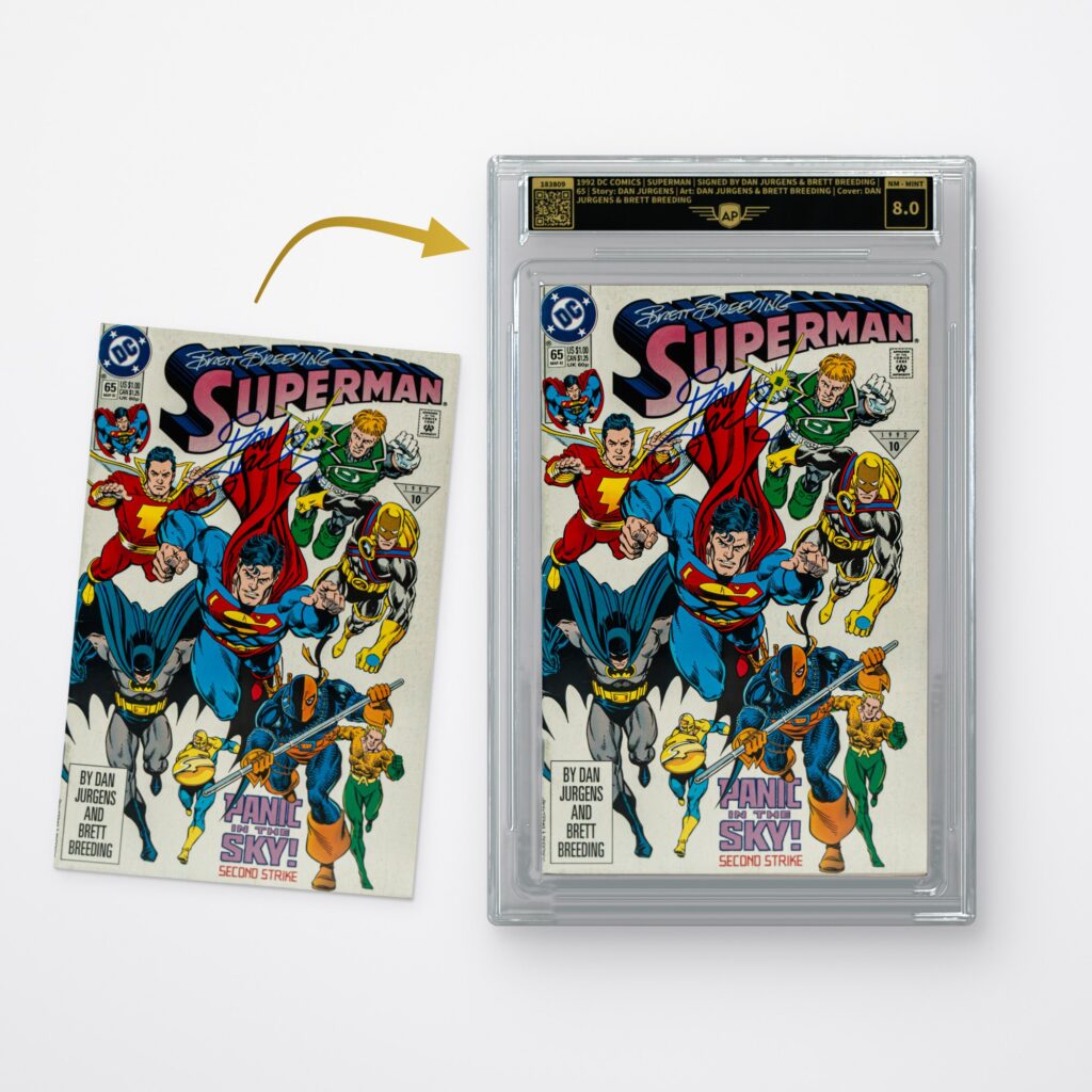 Comic- & Box-Topper-Grading: Comic vor dem Grading und im AP-Comic-Slab mit Label und Note