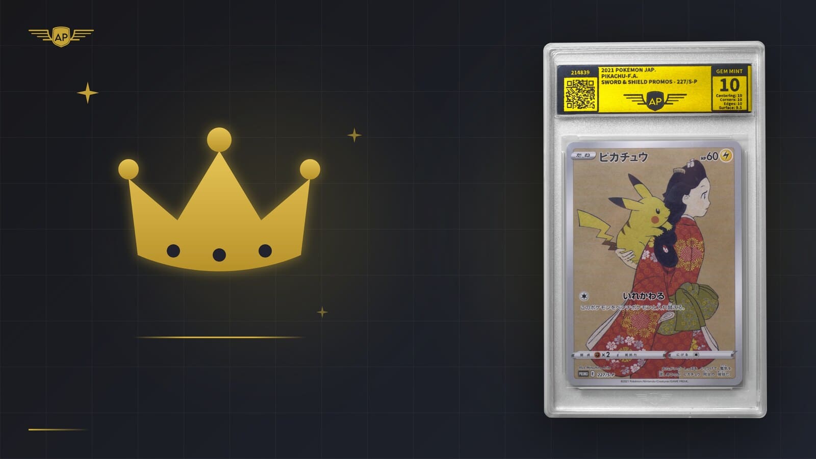 Goldene Krone neben Pokémon-Karte Pikachu im AP-Slab GEM MINT 10