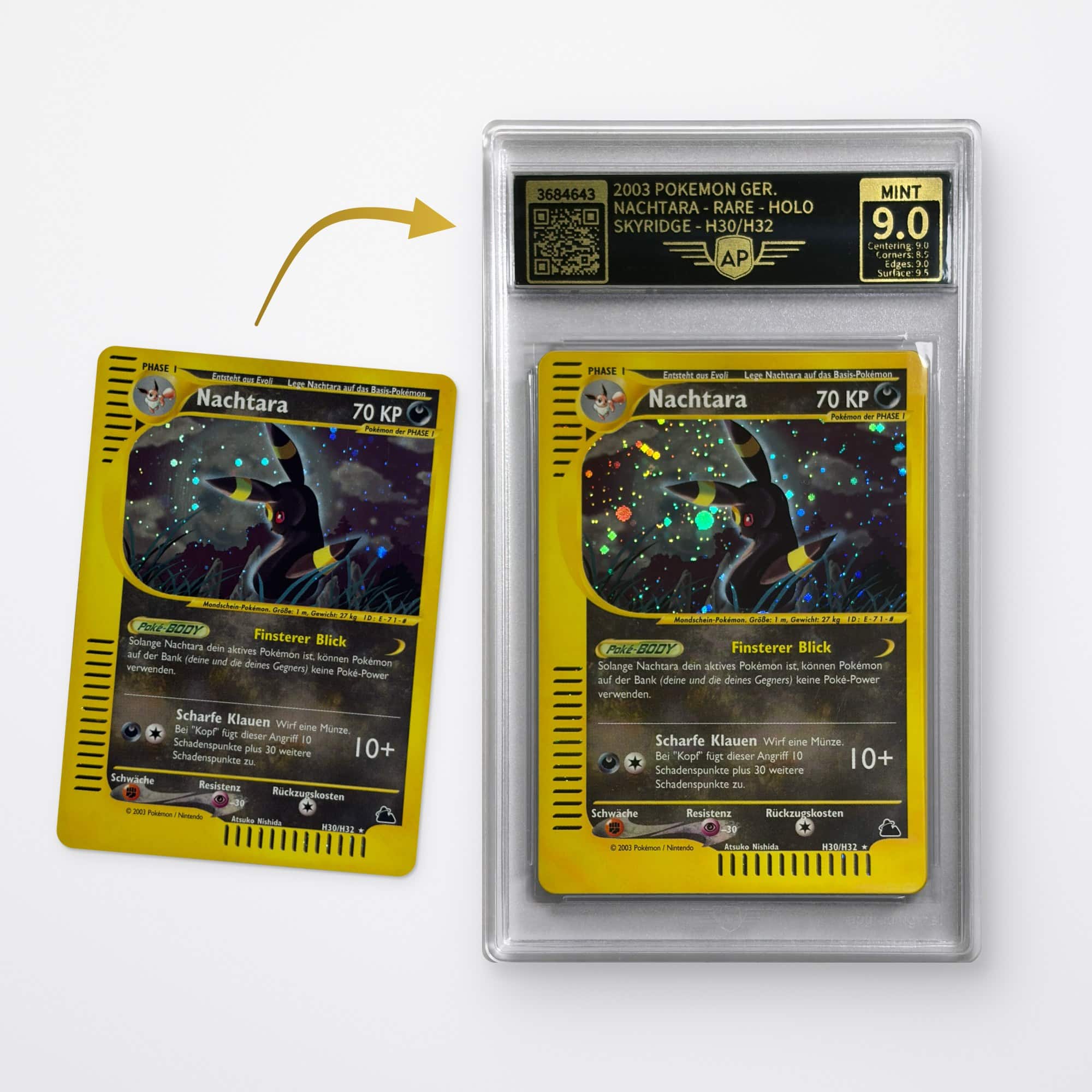 Karten-Grading bei AP Grading: Pokémon-Karte vorher und bewertet im AP Case mit Note MINT 9.0